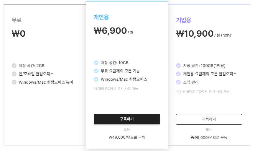 한컴 오피스 학생용 무료 다운로드 최신 방법 (2023년 12월) 3 한컴 독스-요금제