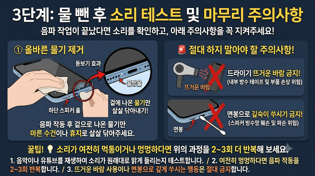 아이폰·갤럭시 스피커 물 빼기! 드라이기 대신 '이 사이트' 쓰세요 4 스피커 물 빼기 마무리 및 주의사항